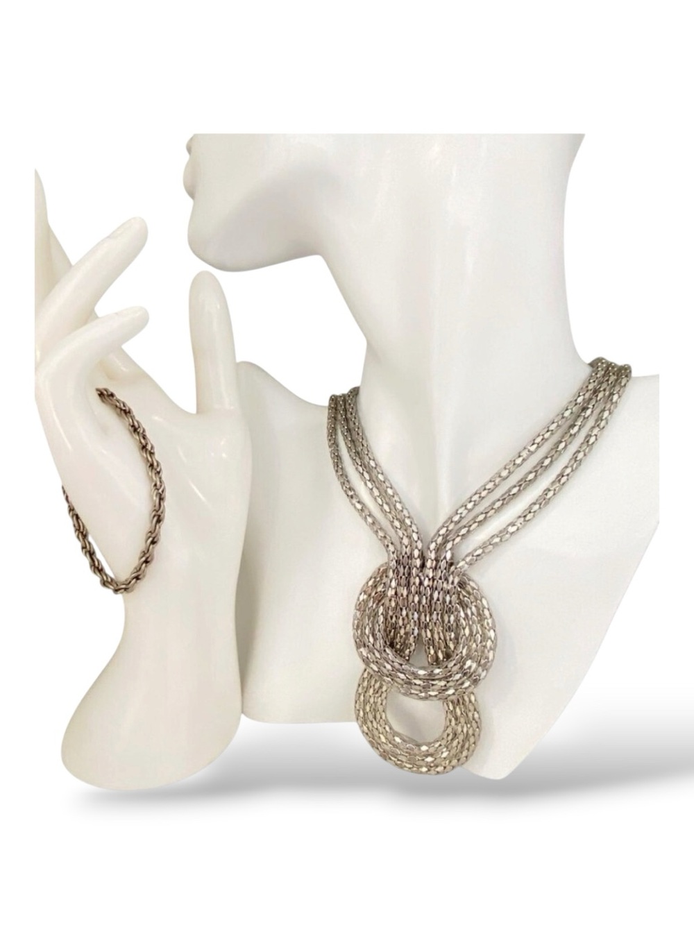 Dark Silver-Tone Multi-Strand Knot Necklace & Bracelet arrangement Layered state